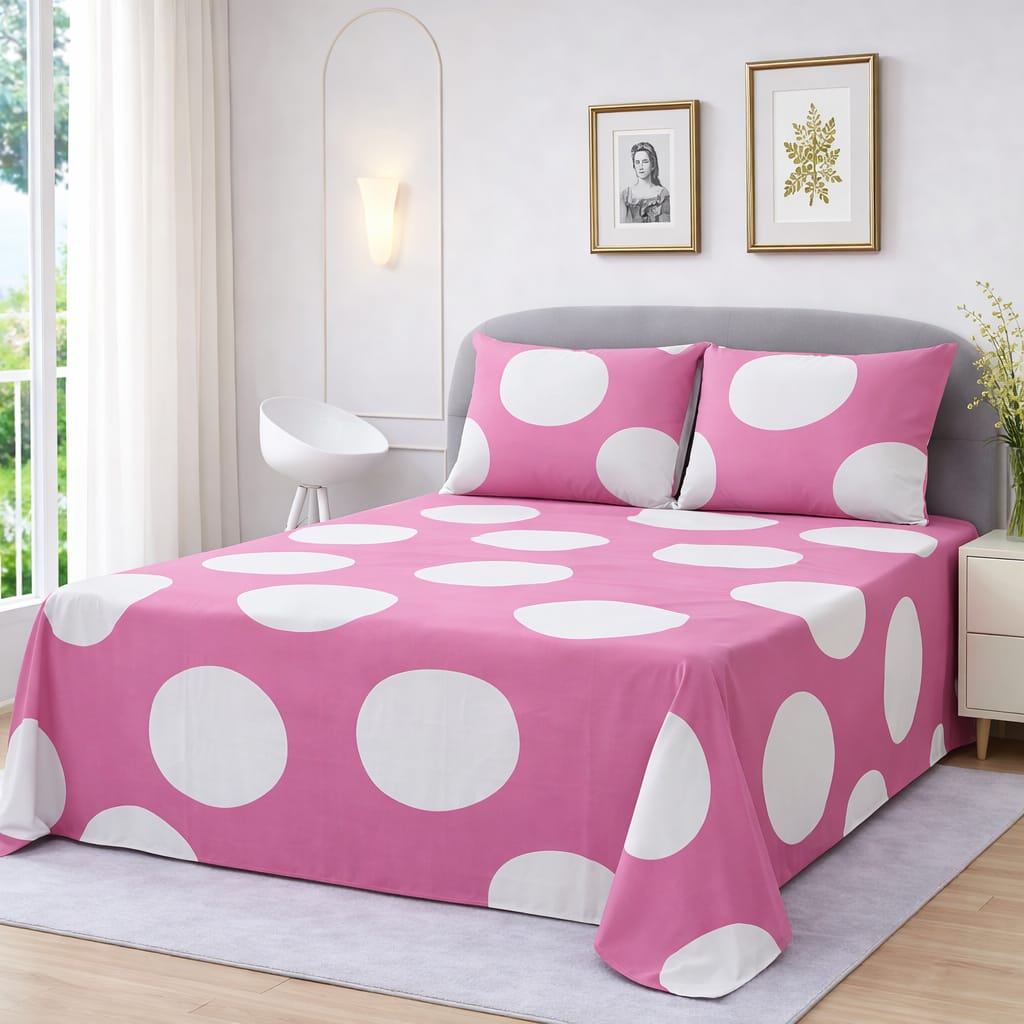 Pink & White Circle Printed Bedsheet