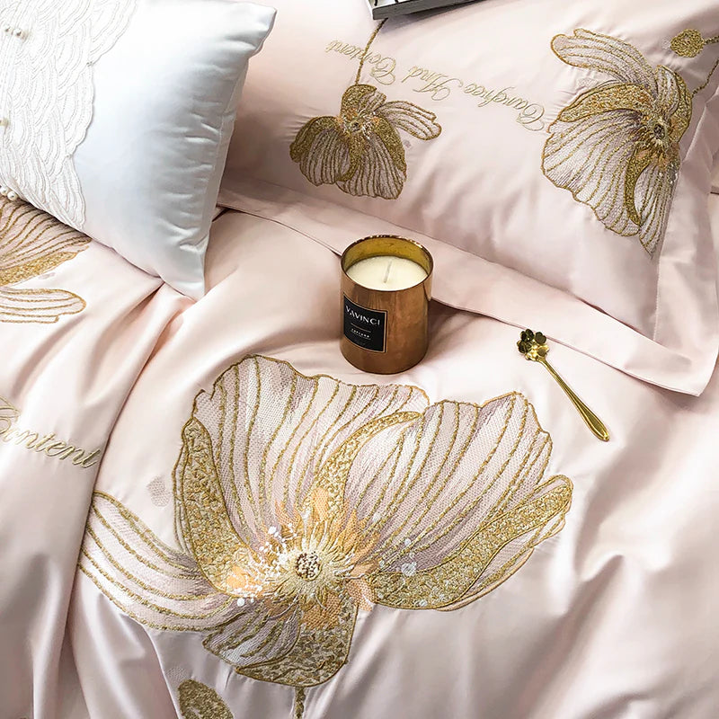 Cotton Satin Flower Embroidery Duvet Set