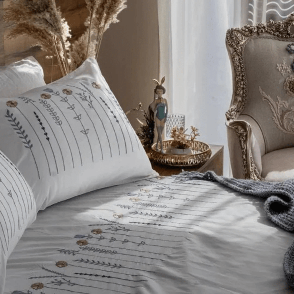 Floral & Stripe Embroidery Duvet Set – Elegant Bedding for Bedroom - myhomestore.com.pk