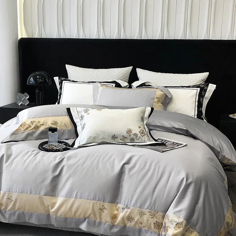 Flowers Butterfly Dragonfly Embroidery Duvet Set - myhomestore.com.pk