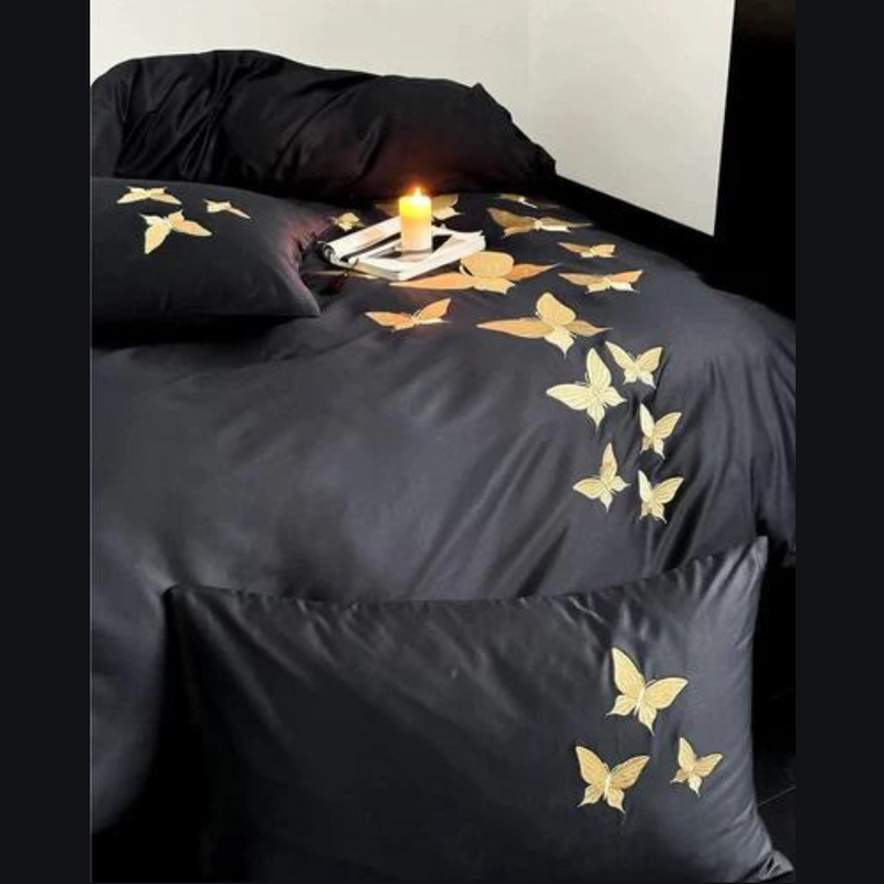 Golden Butterfly Embroidery Duvet Set