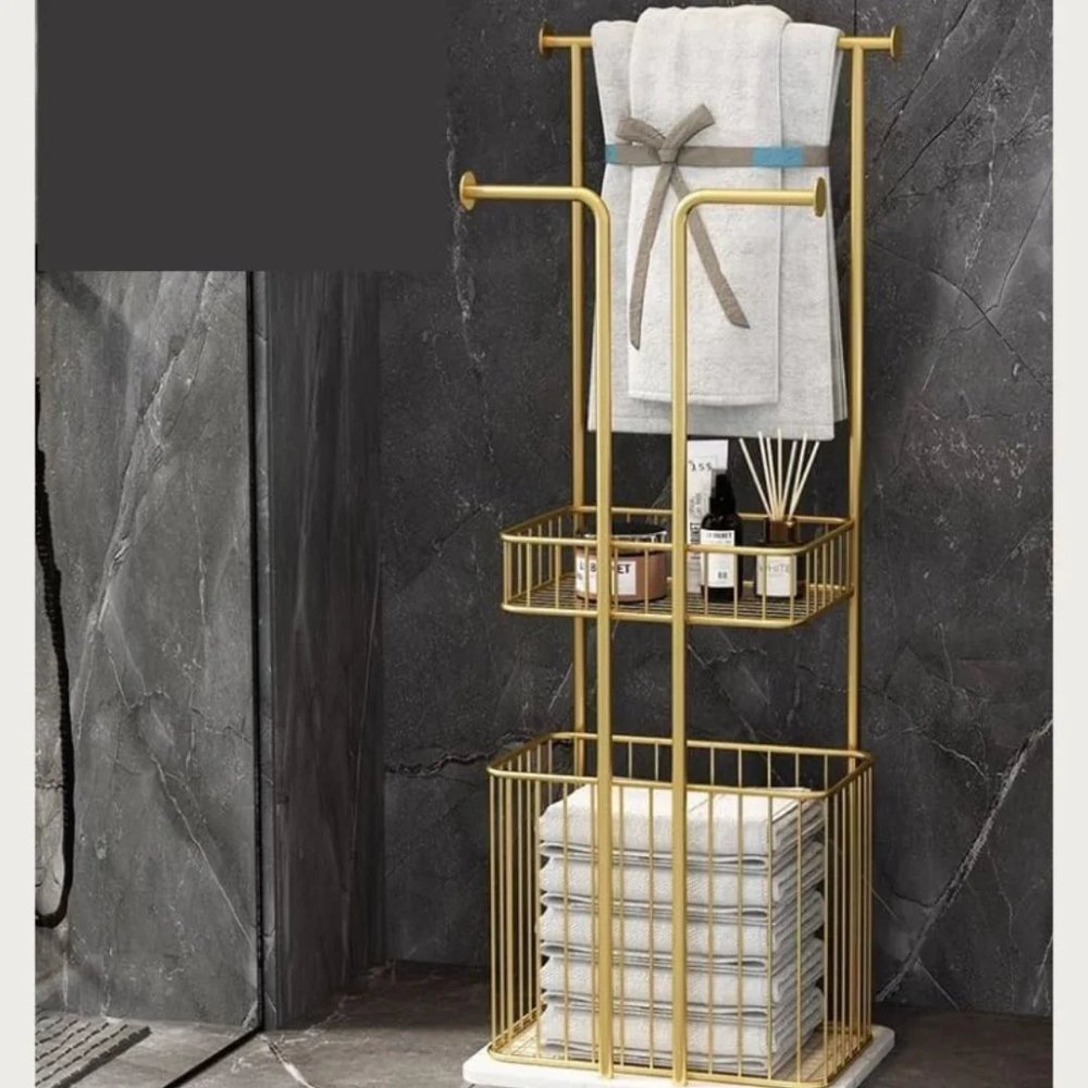 Free Standing Towel Rack with Laundry Hamper Basket Metal Towel Stand - myhomestore.com.pk
