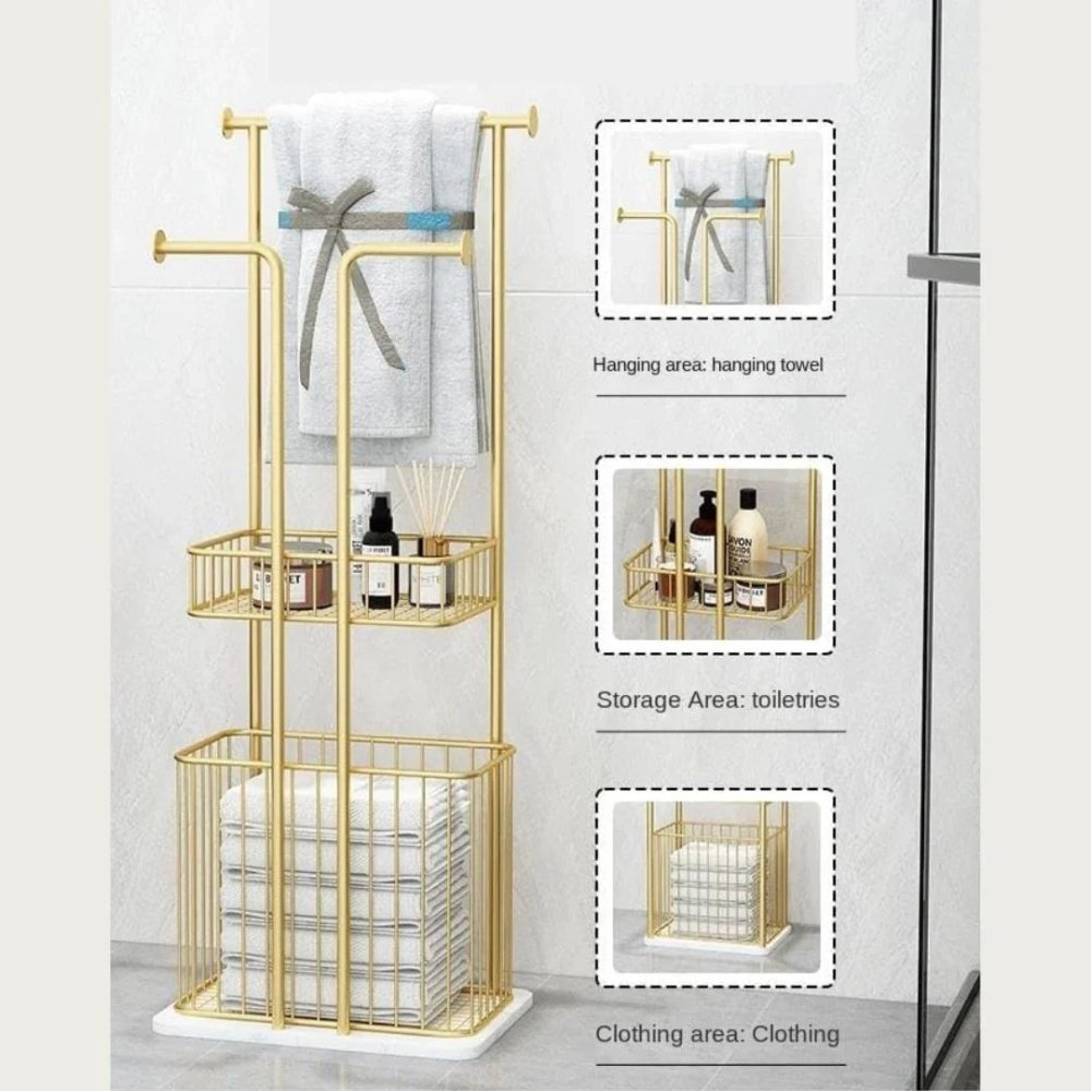 Free Standing Towel Rack with Laundry Hamper Basket Metal Towel Stand - myhomestore.com.pk