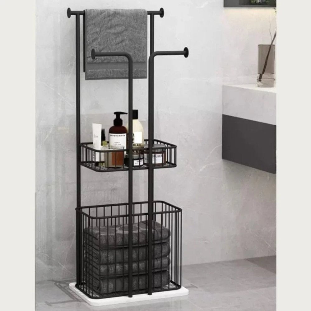 Free Standing Towel Rack with Laundry Hamper Basket Metal Towel Stand - myhomestore.com.pk