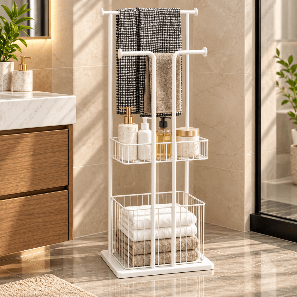 Free Standing Towel Rack with Laundry Hamper Basket Metal Towel Stand - myhomestore.com.pk