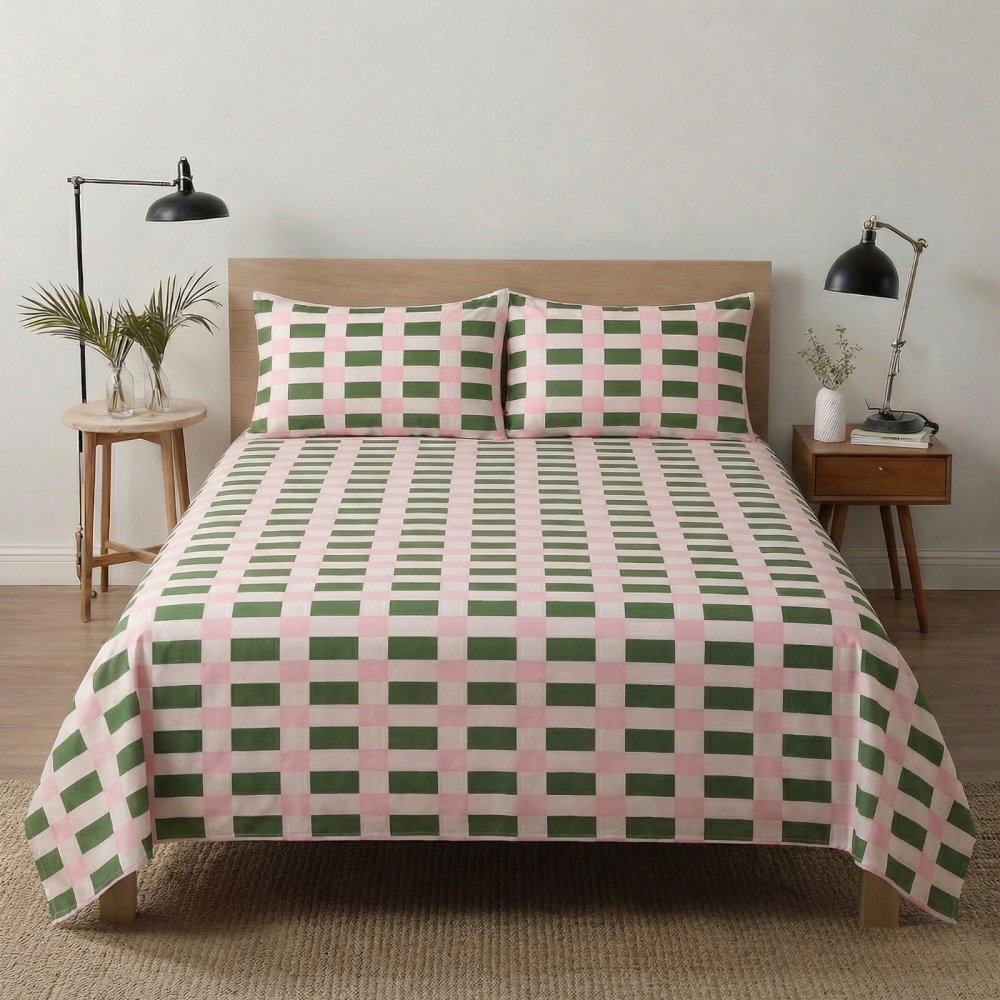 Geometric Green/Pink Print Bedsheet – King Size - myhomestore.com.pk