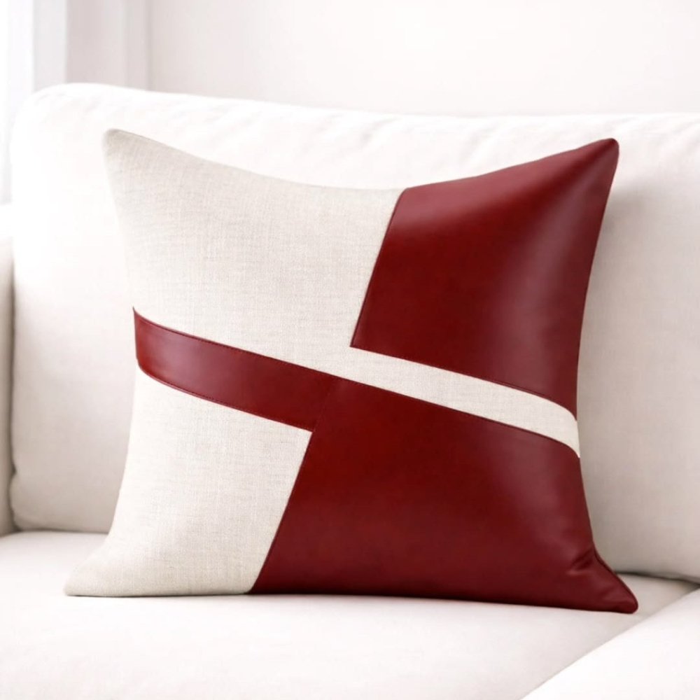 Geometric Luxe Leather Cushion cover – Burgundy & Cream - myhomestore.com.pk