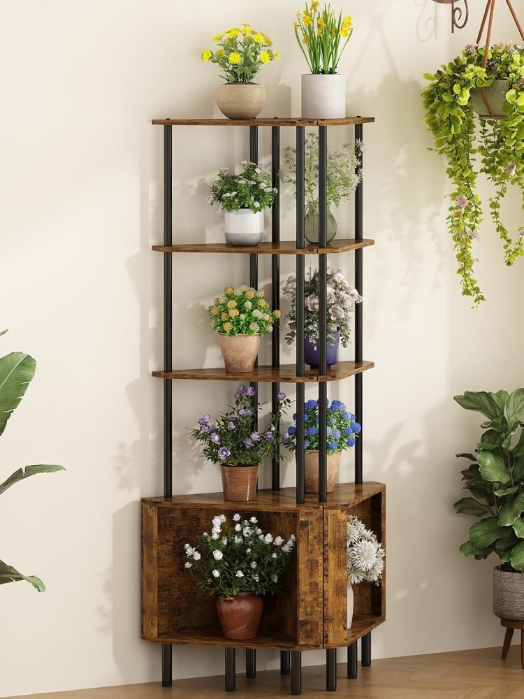GILLAS 5 - Tier Corner Shelf Stand | Industrial Rustic Bookshelf & Plant Display - myhomestore.com.pk