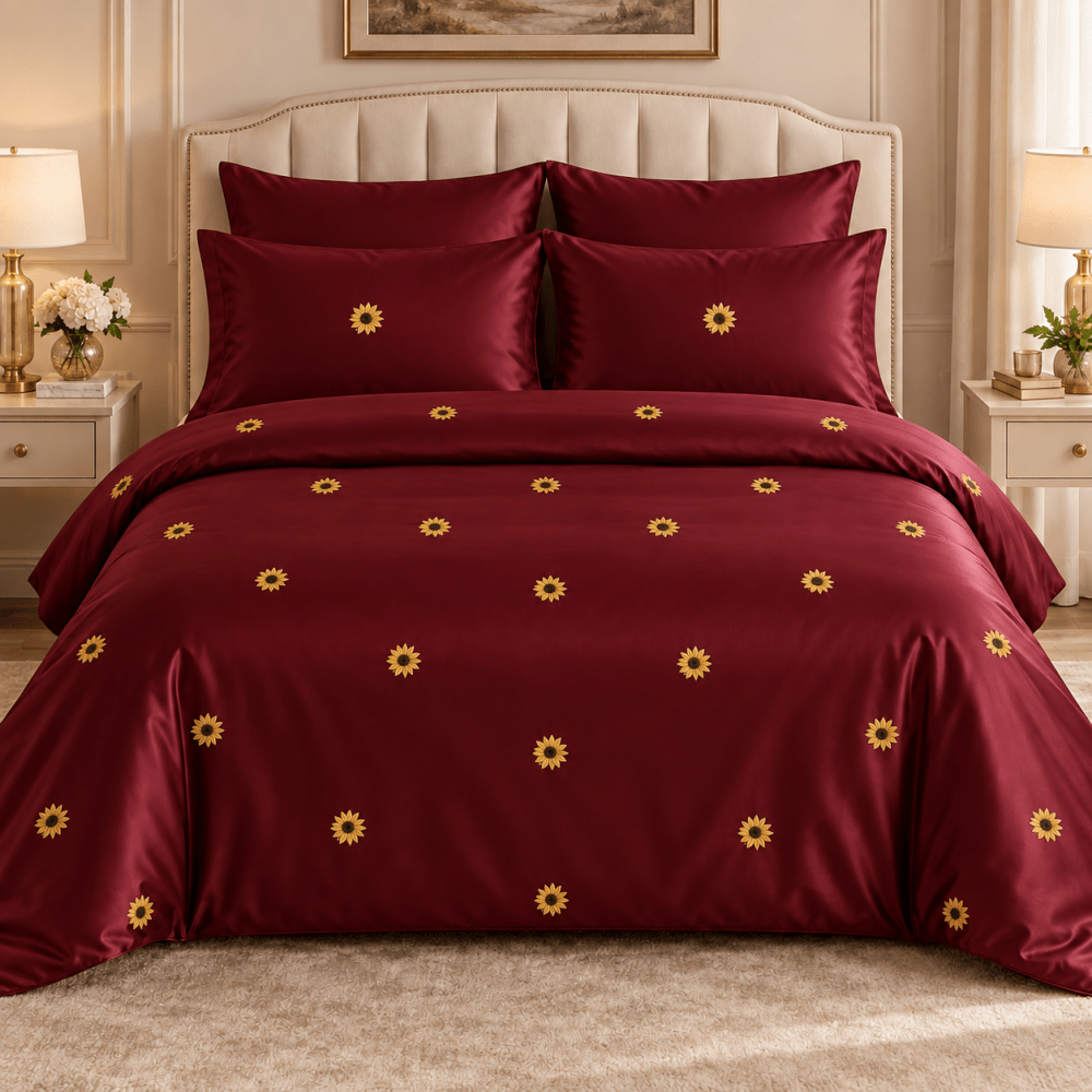 Golden Sunflower Maroon Embroidered Bedding Set - myhomestore.com.pk