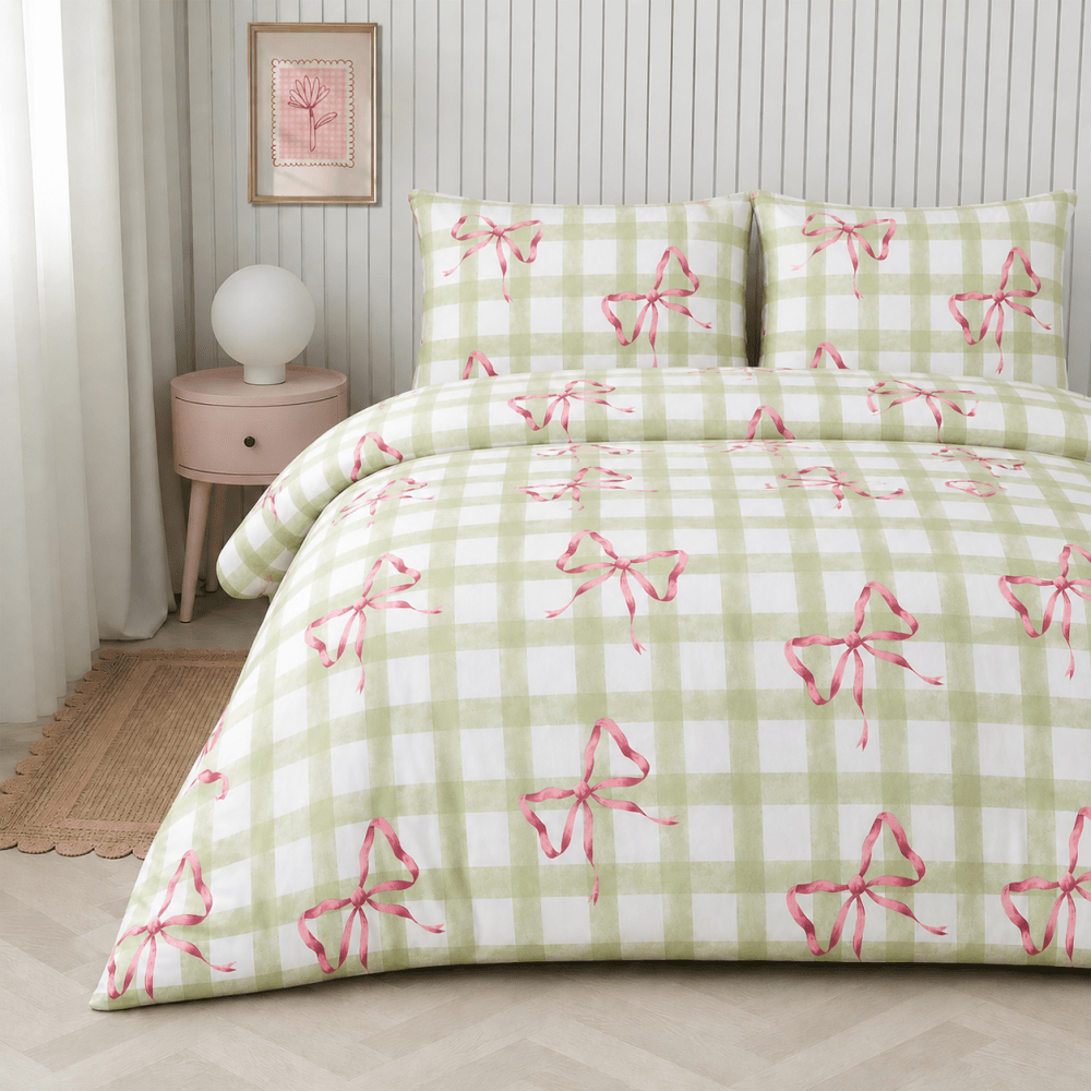 Green Bow Gingham Print Bedsheet – King Size - myhomestore.com.pk