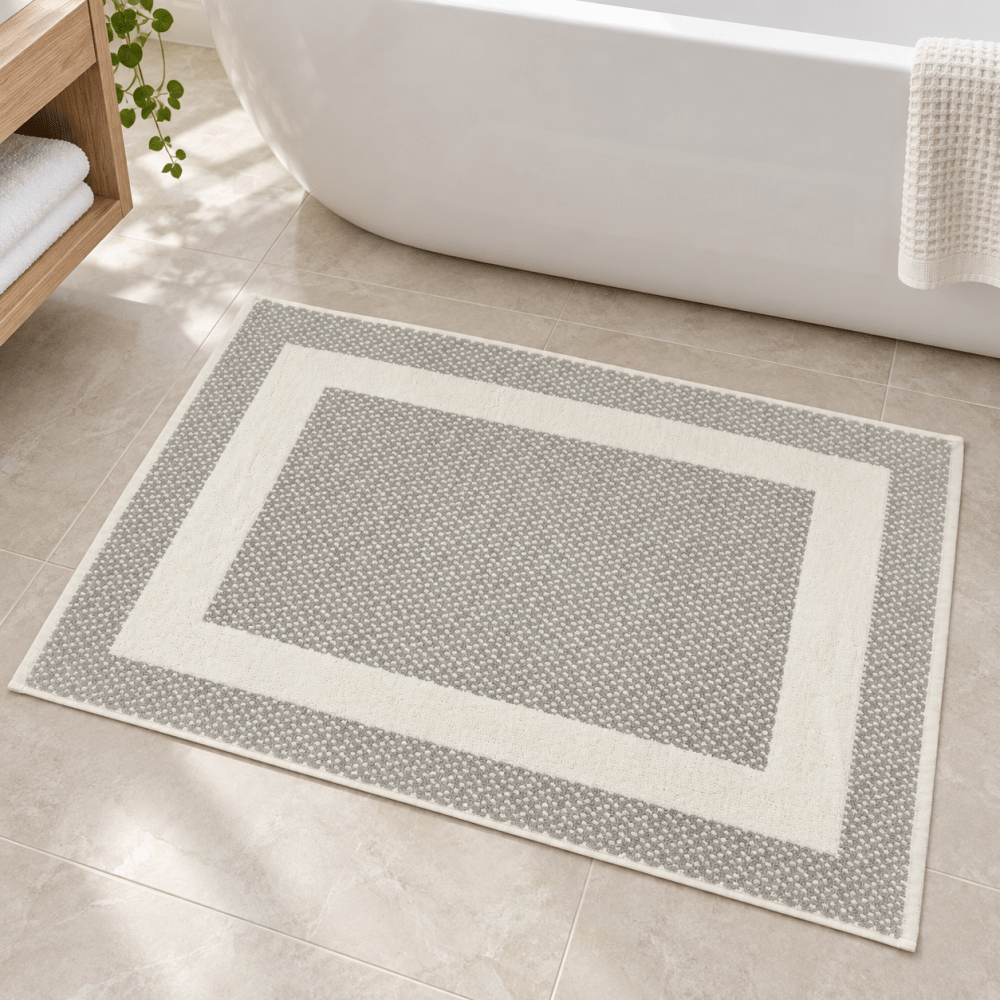 Grey & Ivory Border Bath Mat - myhomestore.com.pk