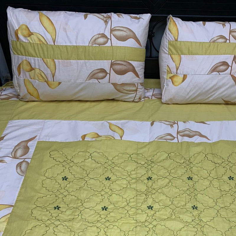 Embroidered Patch Work Bed Sheet ( yellow with White Patch )