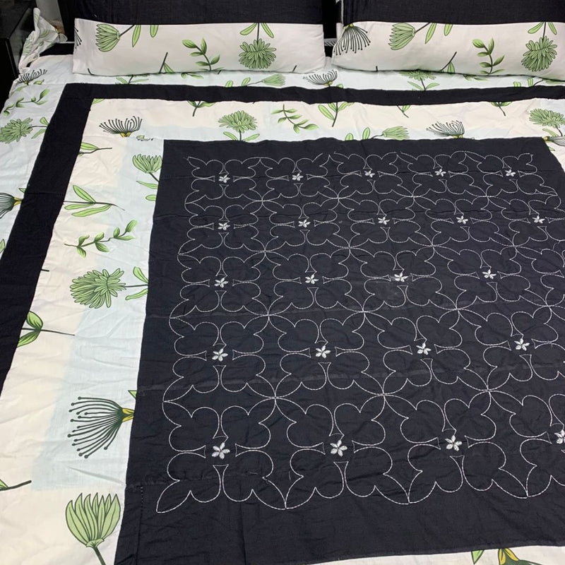 Embroidered Patch Work Bed Sheet (Black with Green printed Patch )