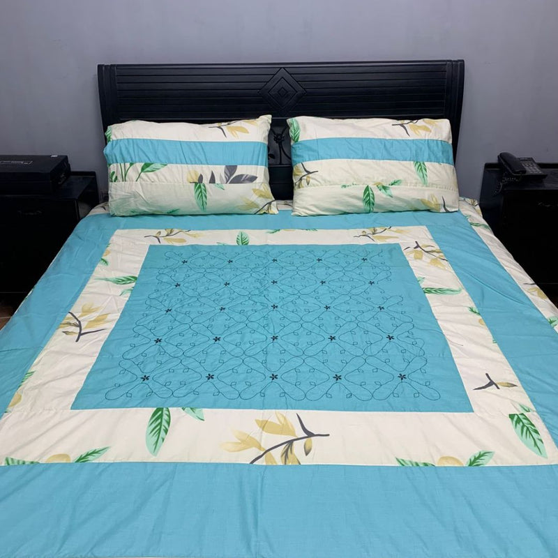 Embroidered Patch Work Bed  Sheet (sky blue )