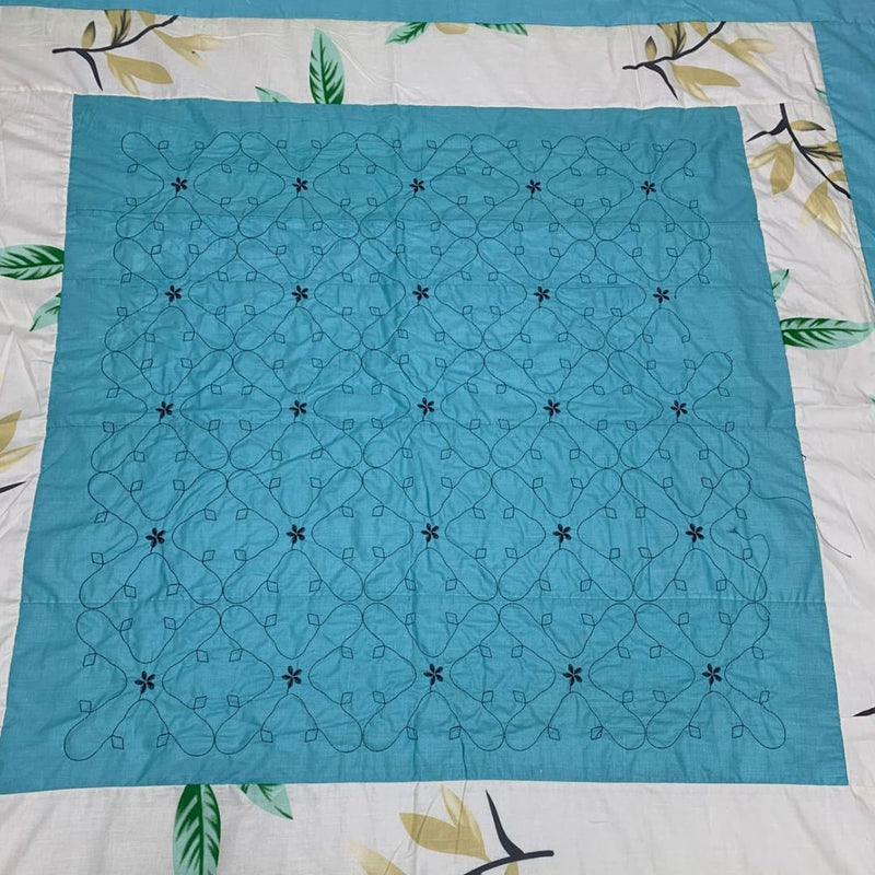 Embroidered Patch Work Bed  Sheet (sky blue )