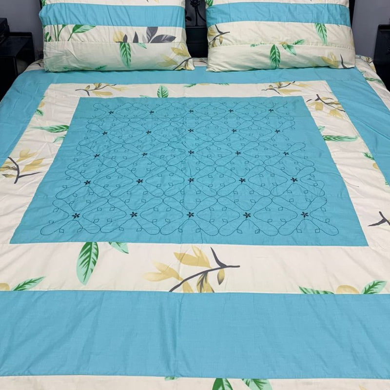 Embroidered Patch Work Bed  Sheet (sky blue )