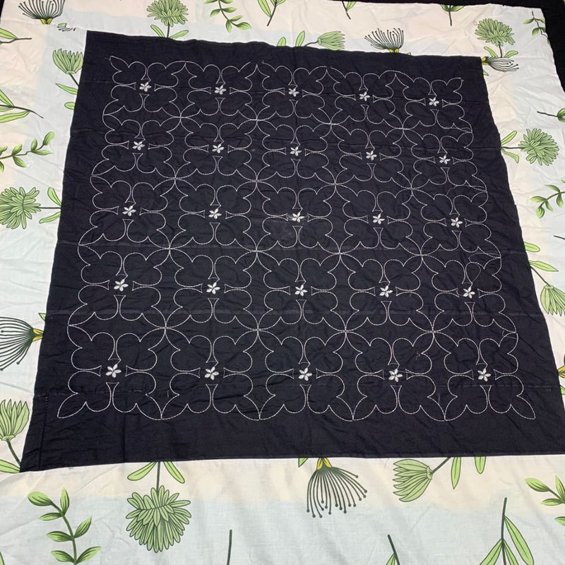 Embroidered Patch Work Bed Sheet (Black with Green printed Patch )