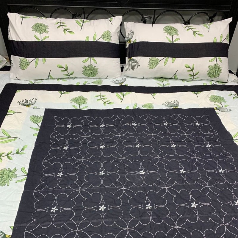 Embroidered Patch Work Bed Sheet (Black with Green printed Patch )