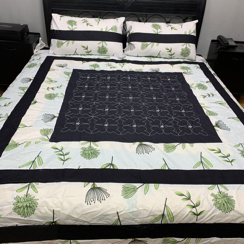 Embroidered Patch Work Bed Sheet (Black with Green printed Patch )