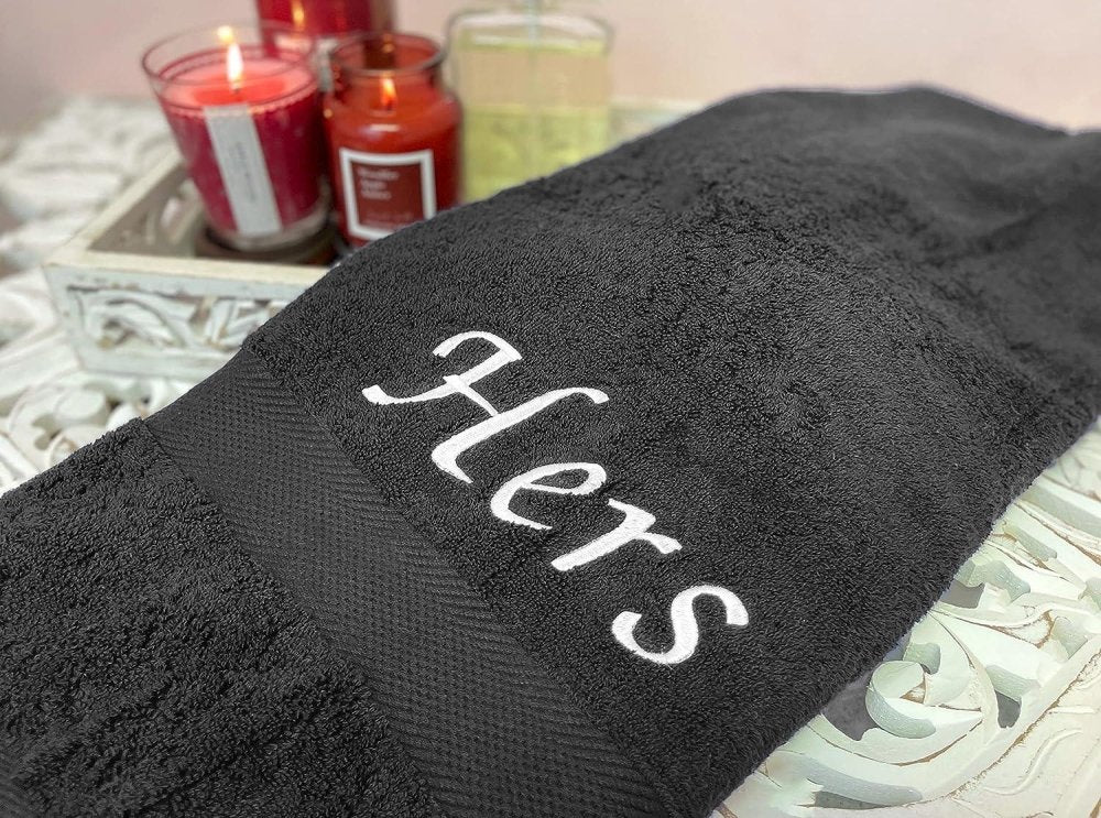 His & Hers Embroidered Cotton Bath Towels - myhomestore.com.pk