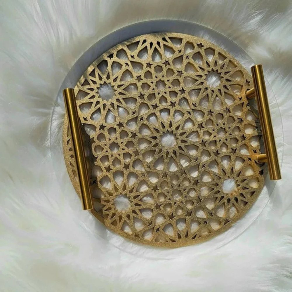 Islamic Pattern Wooden Sweets Tray With Acrylic Top - Gold/Silver - myhomestore.com.pk