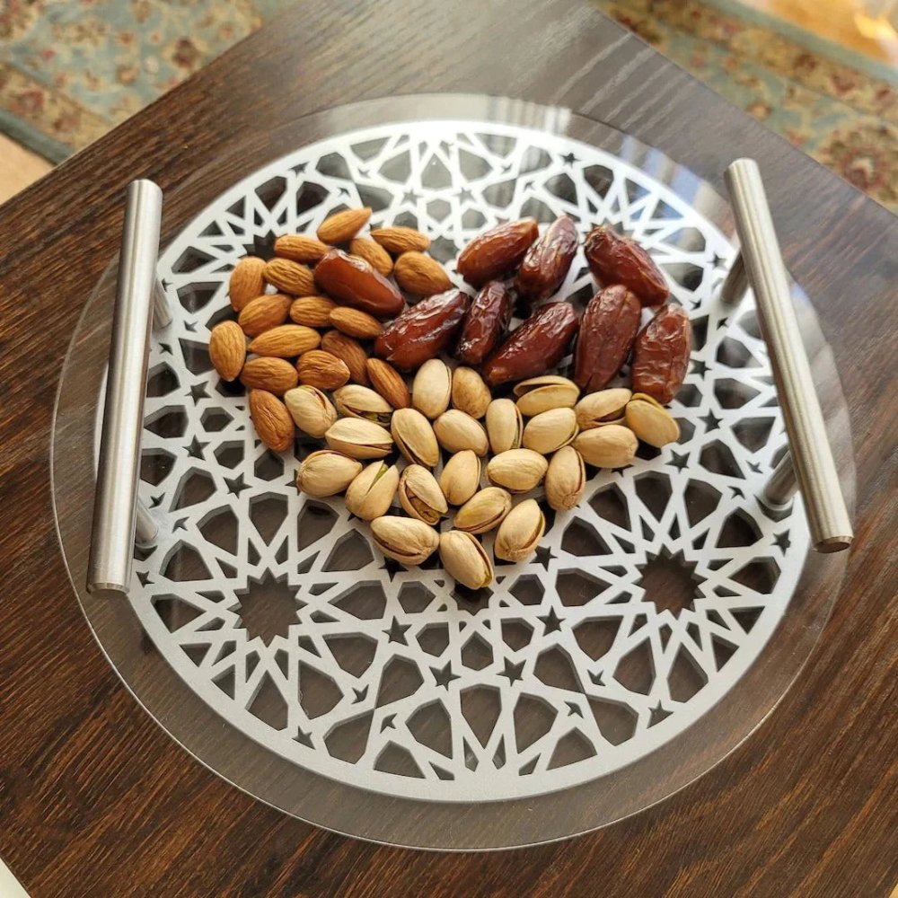 Islamic Pattern Wooden Sweets Tray With Acrylic Top - Gold/Silver - myhomestore.com.pk