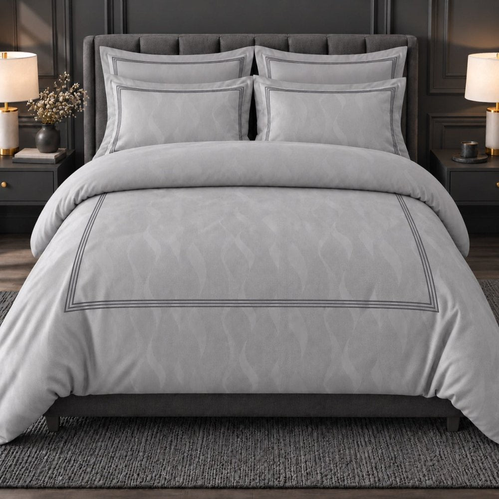 Jacquard Duvet Set with Black Baratta Line Embroidery - myhomestore.com.pk