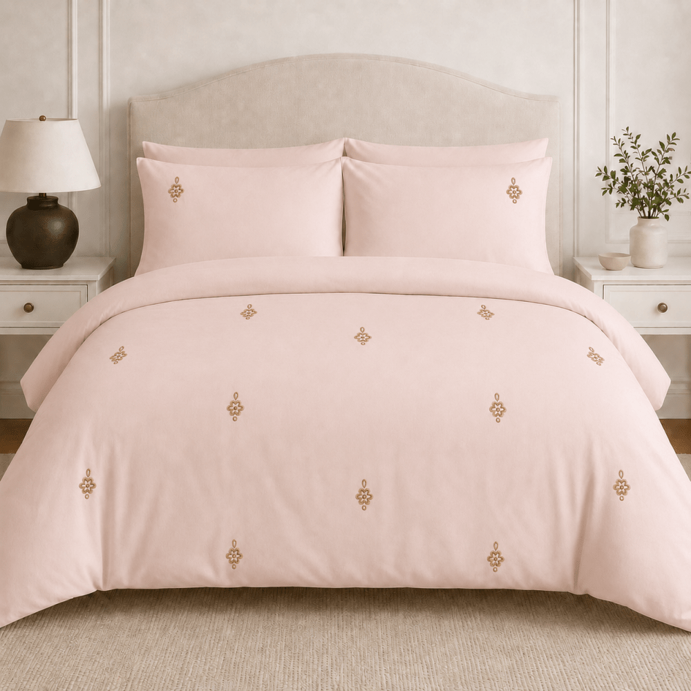 Light Blush Gold Floral Embroidered Duvet Cover Set - myhomestore.com.pk