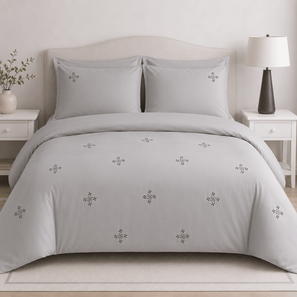 Light Grey Geometric Embroidered Duvet Cover Set - myhomestore.com.pk