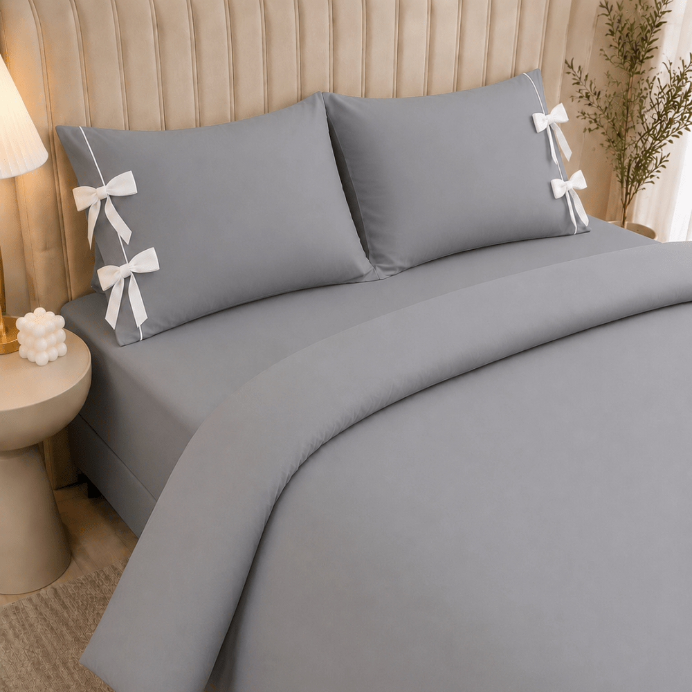 Light Grey Plain Bow Duvet Cover Set with 2 Pillow Covers - myhomestore.com.pk