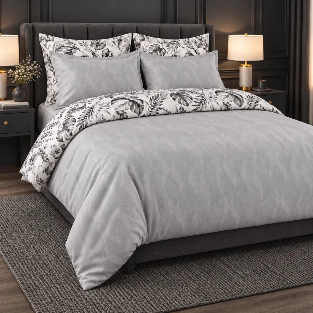 Luxury 2-in-1 Reversible Duvet Cover Set – Jacquard Front & Printed Cotton Reverse - myhomestore.com.pk