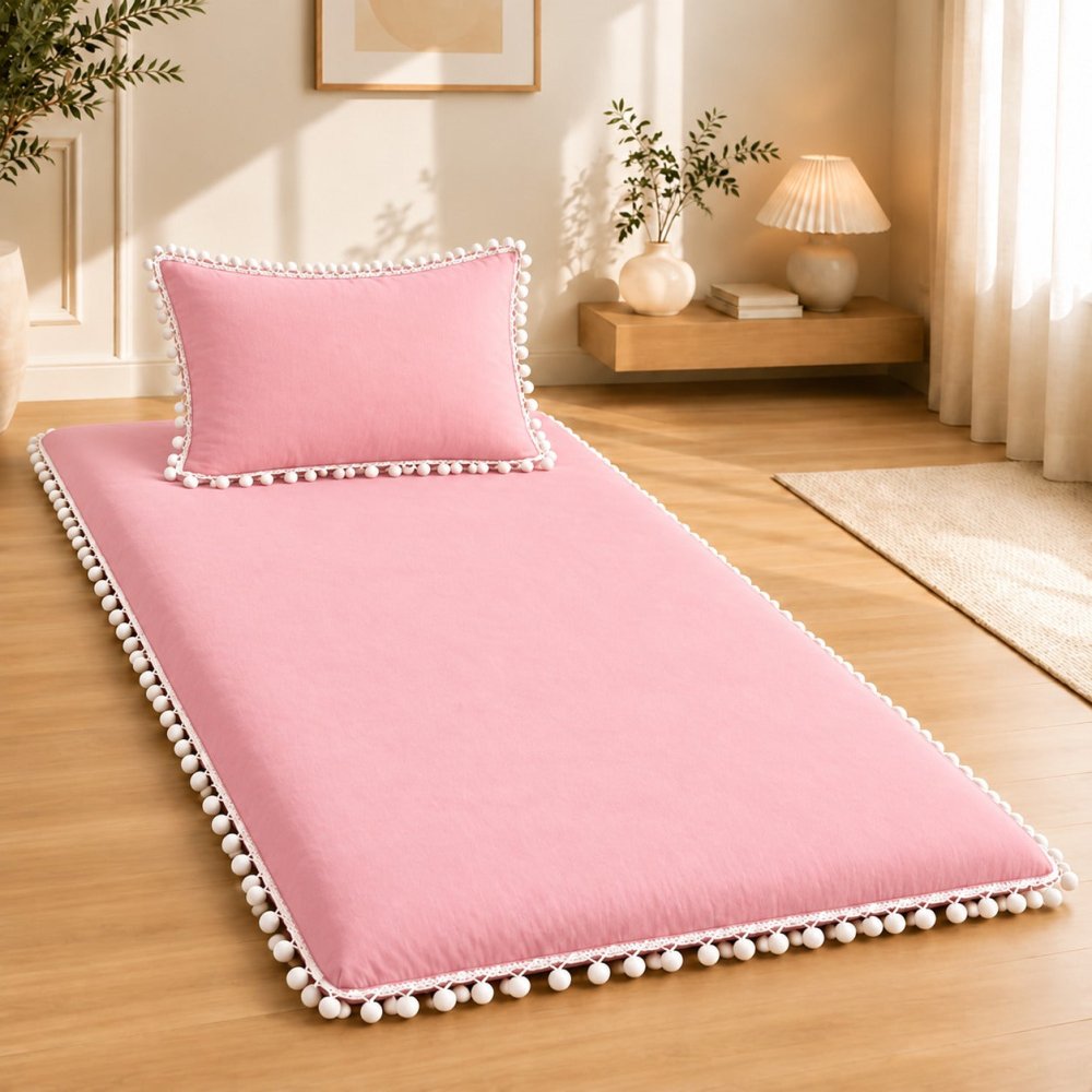 Luxury baby pink Pom Pom Lace Floor Mattress with Pillow Set - myhomestore.com.pk