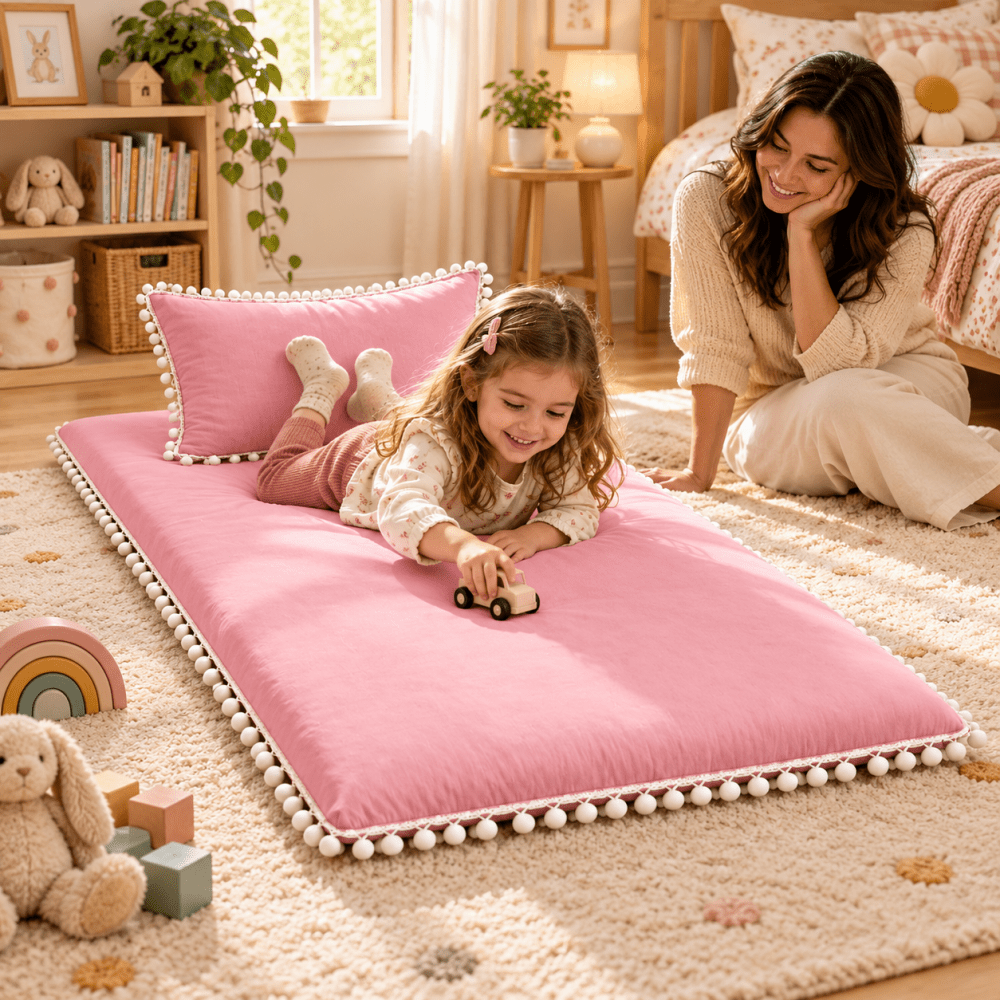 Luxury baby pink Pom Pom Lace Floor Mattress with Pillow Set - myhomestore.com.pk