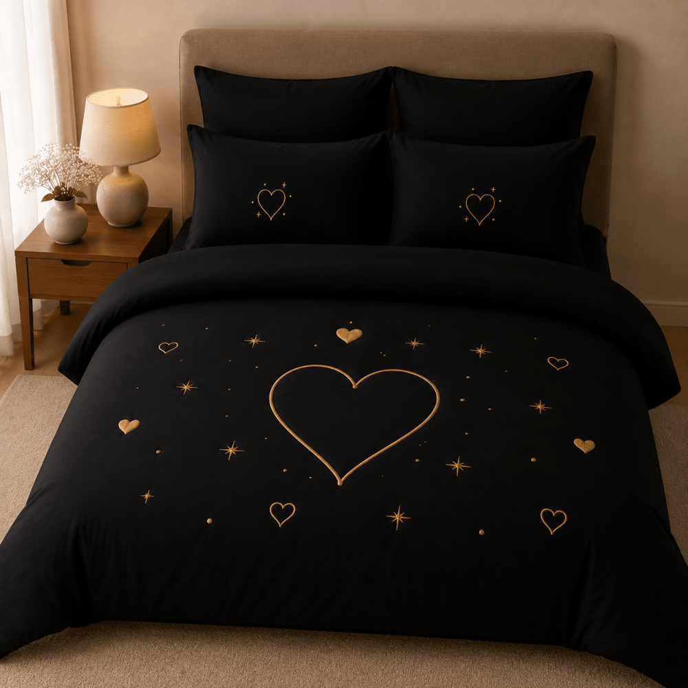 Luxury Black & Gold Heart Embroidered Bedding Set - myhomestore.com.pk