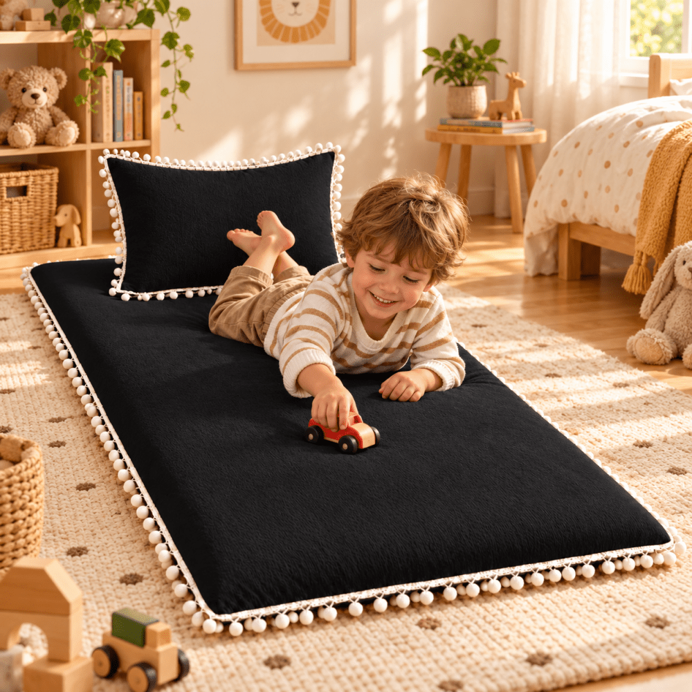 Luxury Black Pom Pom Lace Floor Mattress with Pillow Set - myhomestore.com.pk