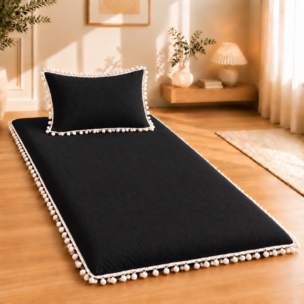 Luxury Black Pom Pom Lace Floor Mattress with Pillow Set - myhomestore.com.pk