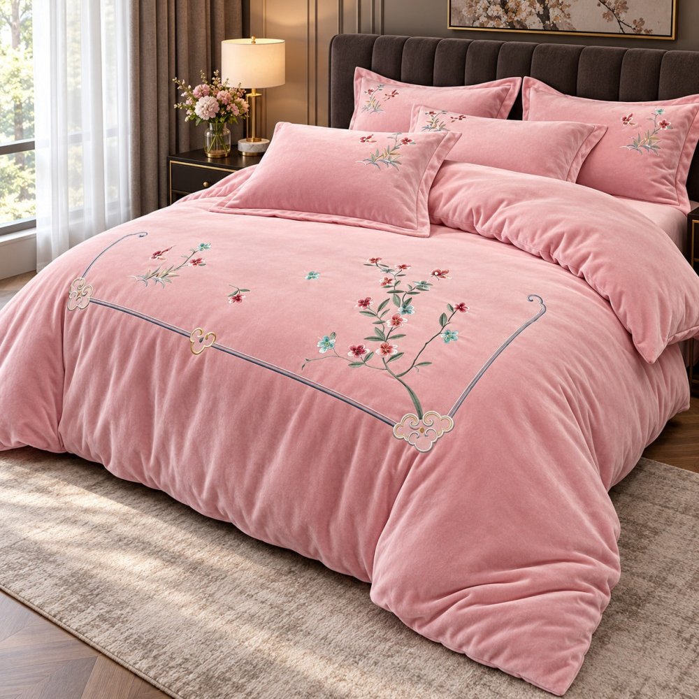 Luxury Blush Pink Floral Embroidered Velvet Duvet Set - myhomestore.com.pk