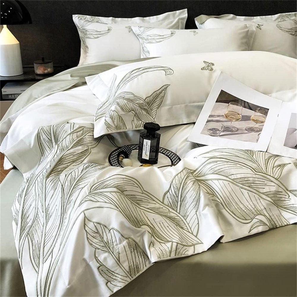 Luxury Botanical Embroidery Duvet Set – Soft Cotton Duvet Cover with Leaf Design - myhomestore.com.pk