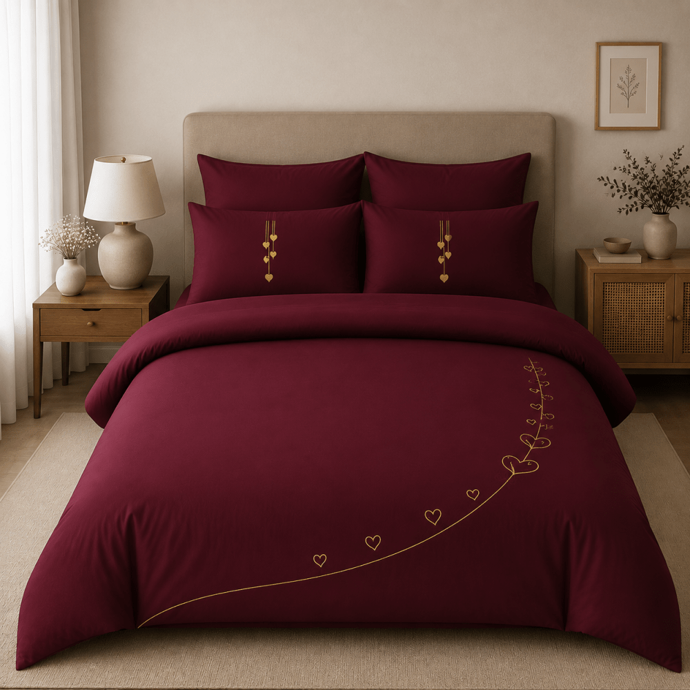 Luxury Burgundy Heart Embroidered Bedding Set - myhomestore.com.pk