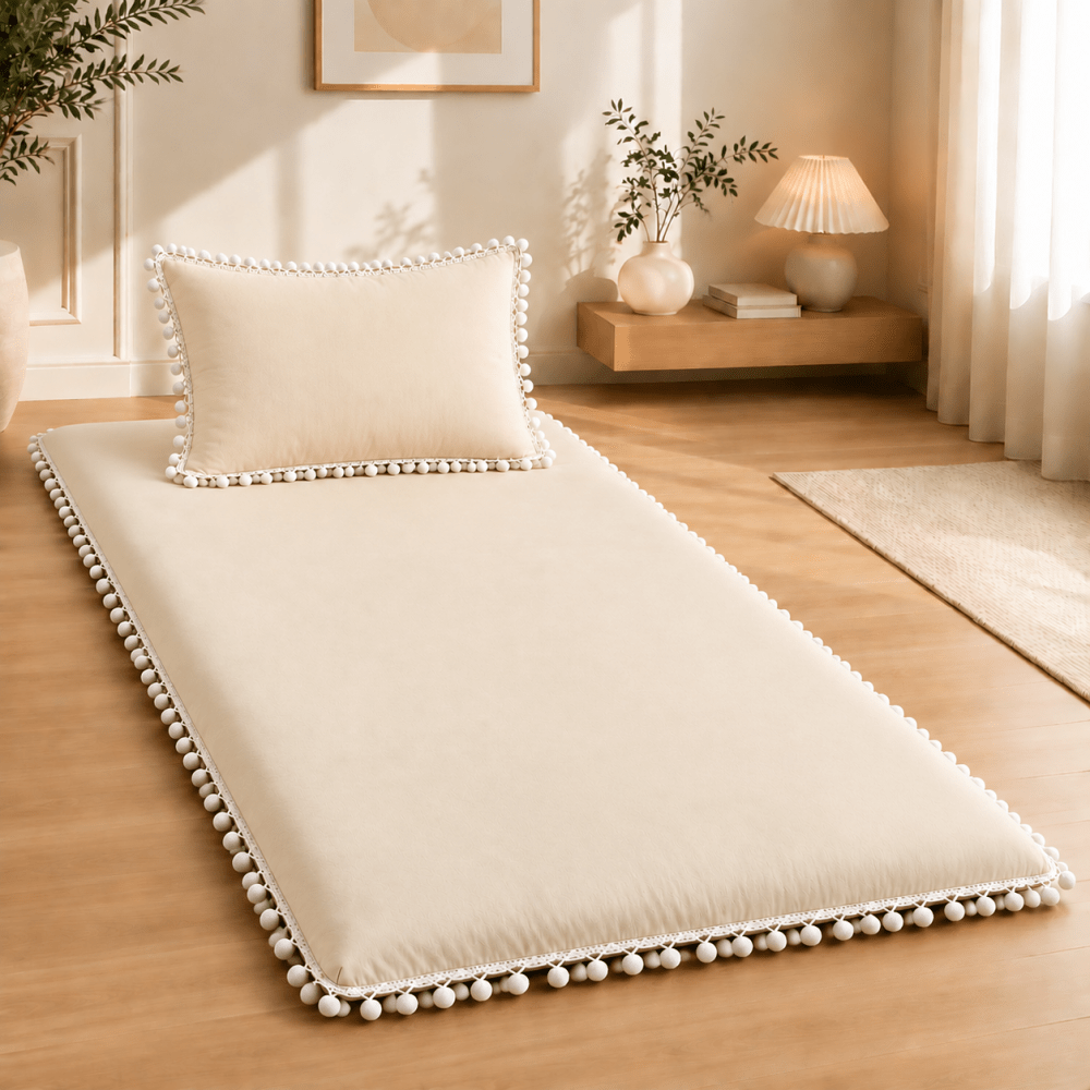 Luxury Cream Pom Pom Lace Floor Mattress with Pillow Set - myhomestore.com.pk