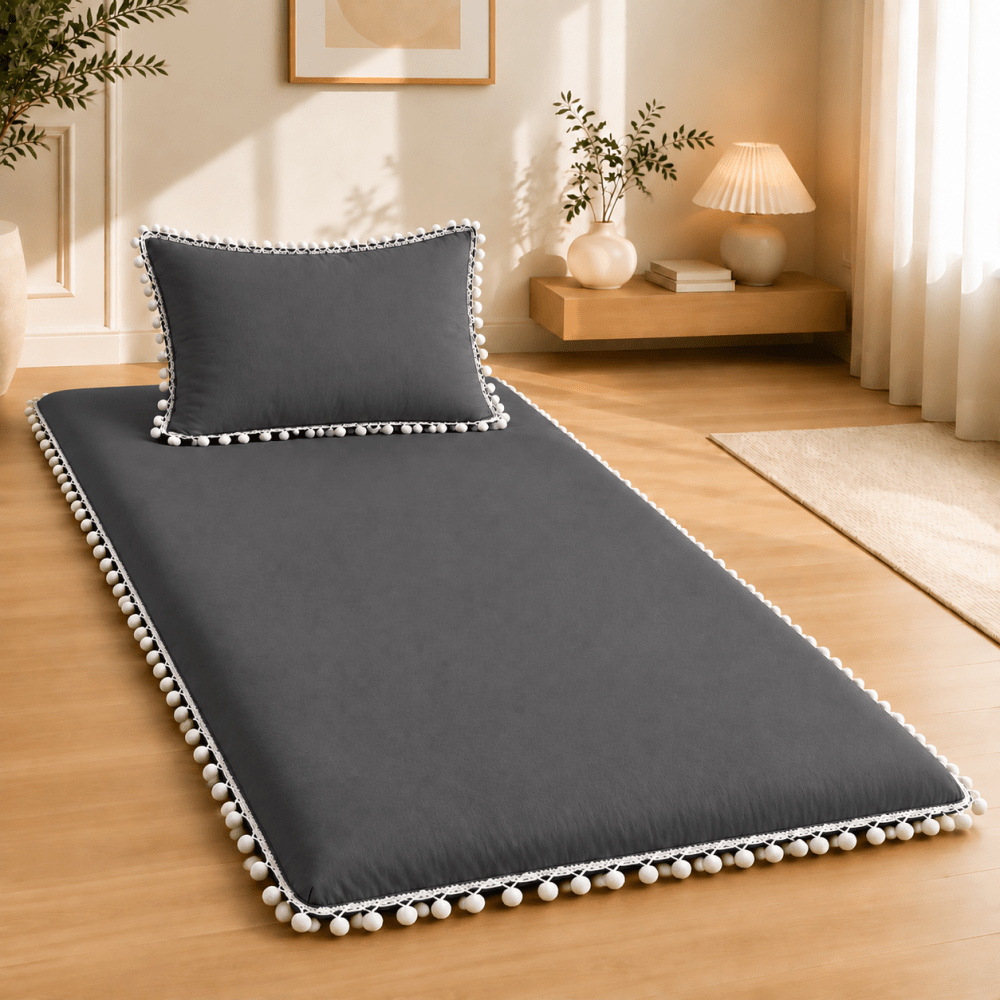 Luxury Dark Grey Pom Pom Lace Floor Mattress with Pillow Set - myhomestore.com.pk