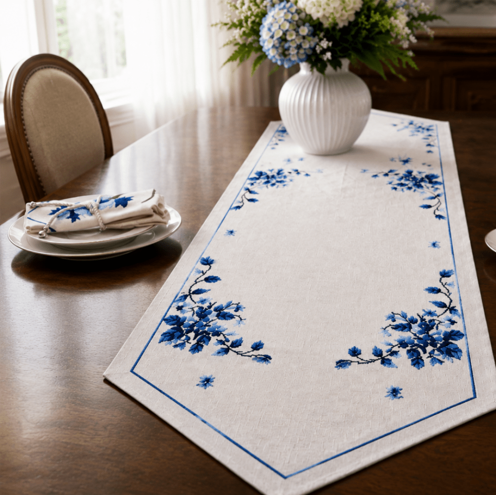 Luxury Embroidered Table Runner – White with Blue Floral Detailing - myhomestore.com.pk