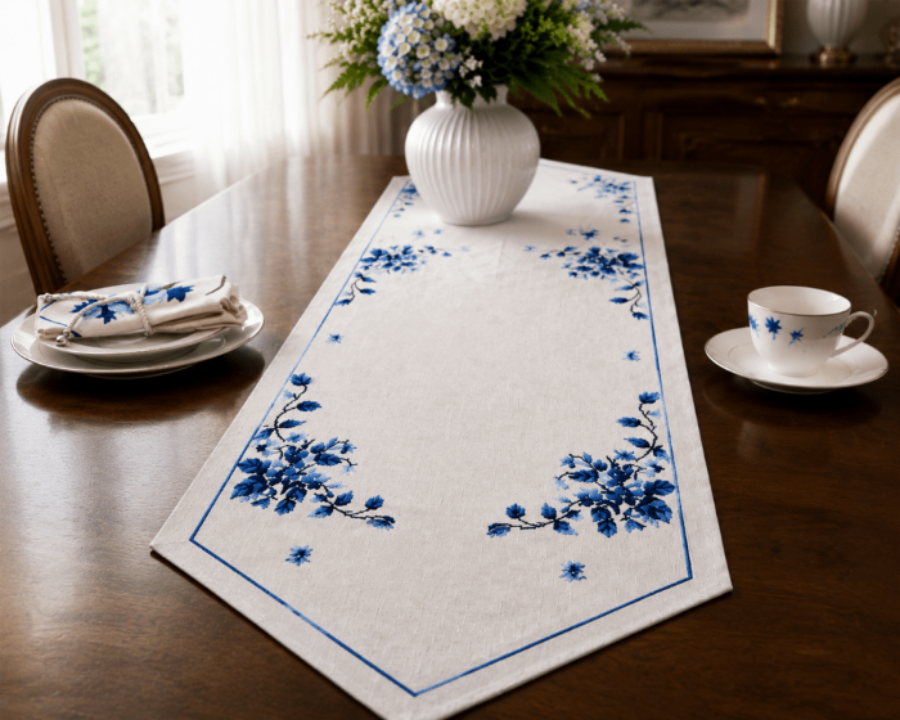 Luxury Embroidered Table Runner – White with Blue Floral Detailing - myhomestore.com.pk