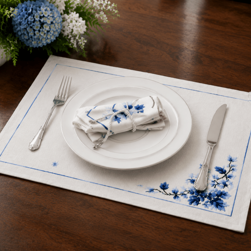 Luxury Embroidered Table Runner – White with Blue Floral Detailing - myhomestore.com.pk