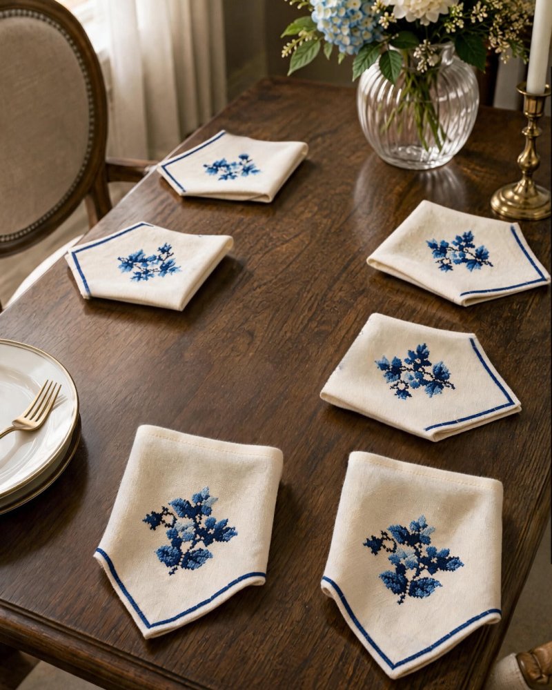 Luxury Embroidered Table Runner – White with Blue Floral Detailing - myhomestore.com.pk