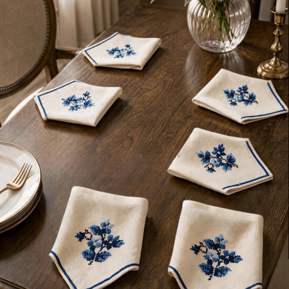 Luxury Embroidered Table Runner – White with Blue Floral Detailing - myhomestore.com.pk