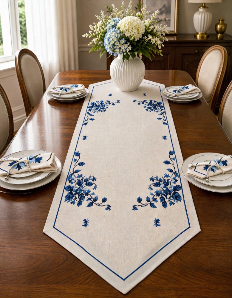 Luxury Embroidered Table Runner – White with Blue Floral Detailing - myhomestore.com.pk