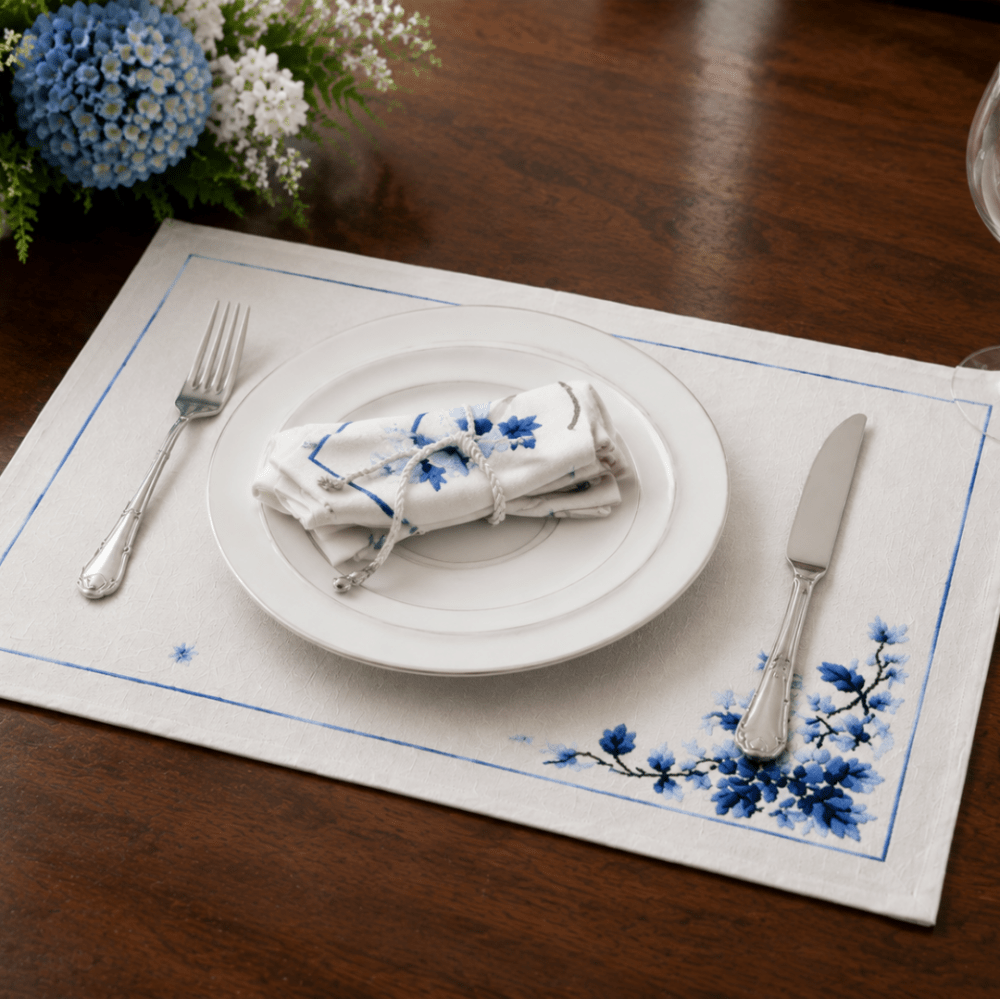 Luxury Embroidered Table Runner – White with Blue Floral Detailing - myhomestore.com.pk
