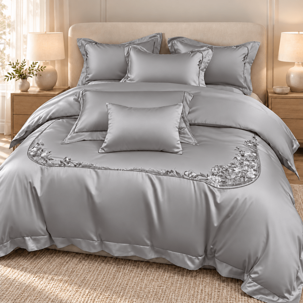 Luxury Floral Embroidered Cotton Satin Duvet Cover Set – 6 Pieces, 400TC - myhomestore.com.pk