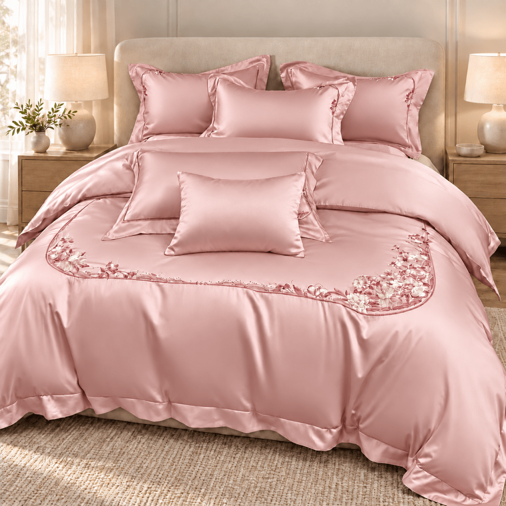 Luxury Floral Embroidered Cotton Satin Duvet Cover Set – 6 Pieces, 400TC - myhomestore.com.pk